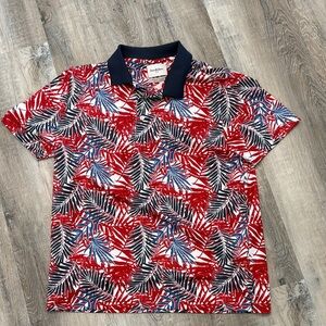 Goodfellow & Co Red, Navy & Blue Tropical Leaf Polo